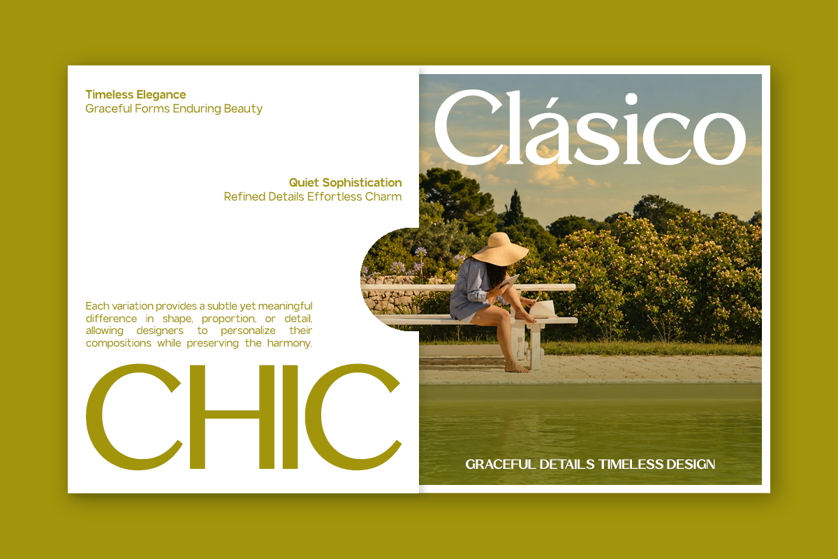 Clásico font displayed on split layout with landscape photo, olive gold typography, minimalist design presentation