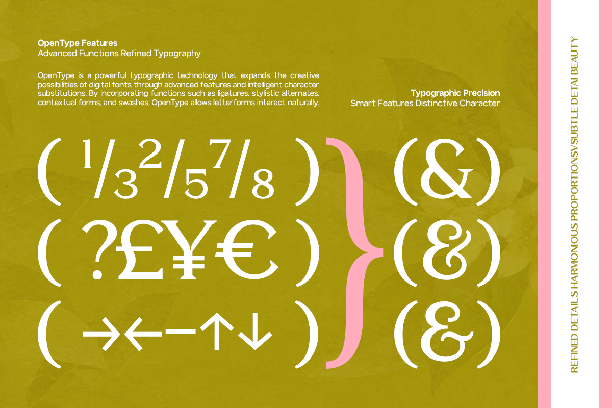 OpenType features showcase with fractions, currency symbols, ampersands on olive background