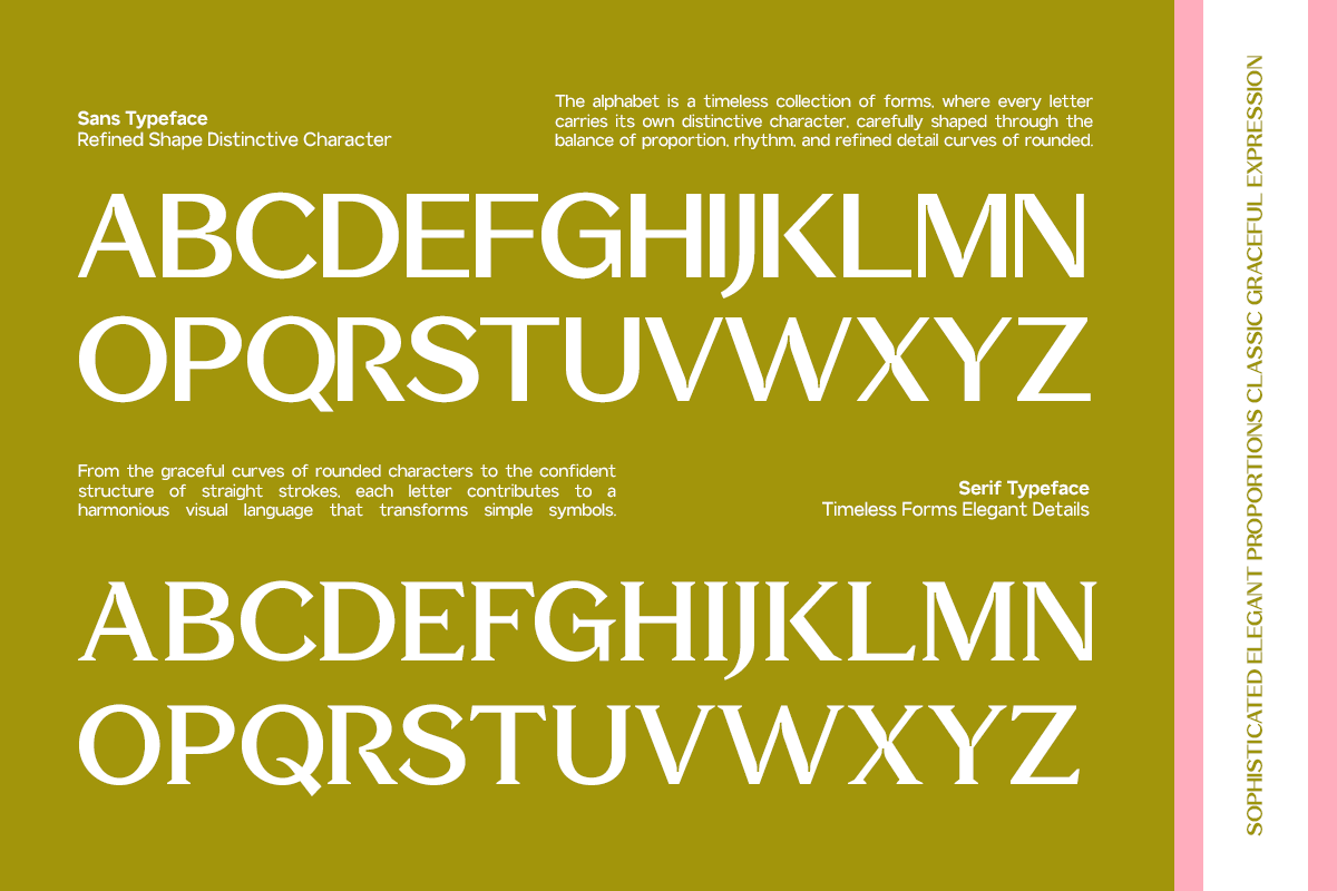 Sans serif typeface pairing showing refined sans character on top, elegant serif below on olive background