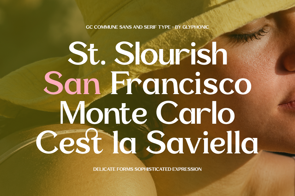 GC Commune Sans serif font displayed over olive toned portrait with delicate typography layout