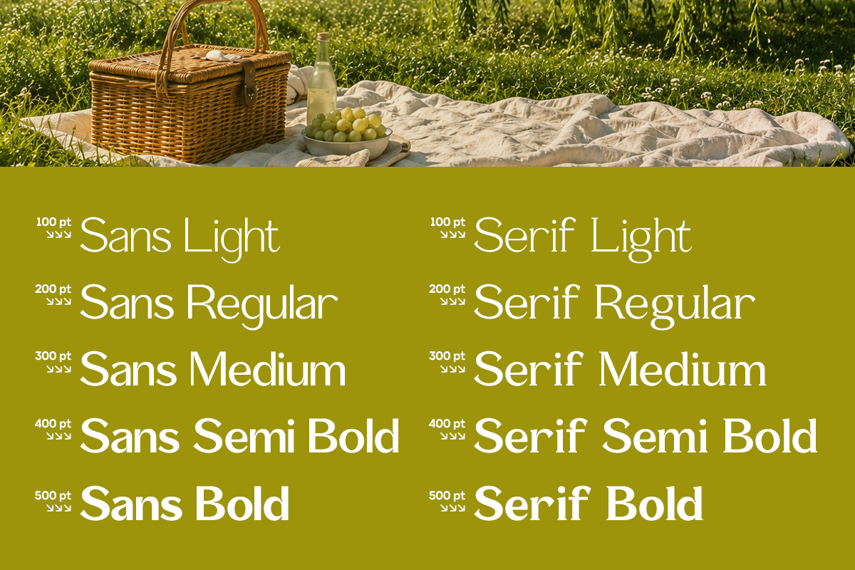 Picnic scene mockup showing font weights from light to bold in sans plus serif styles