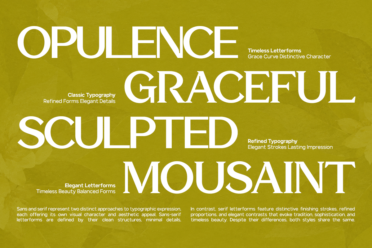Opulence Graceful Sculpted Mousaint font display on mustard background showing serif letterforms