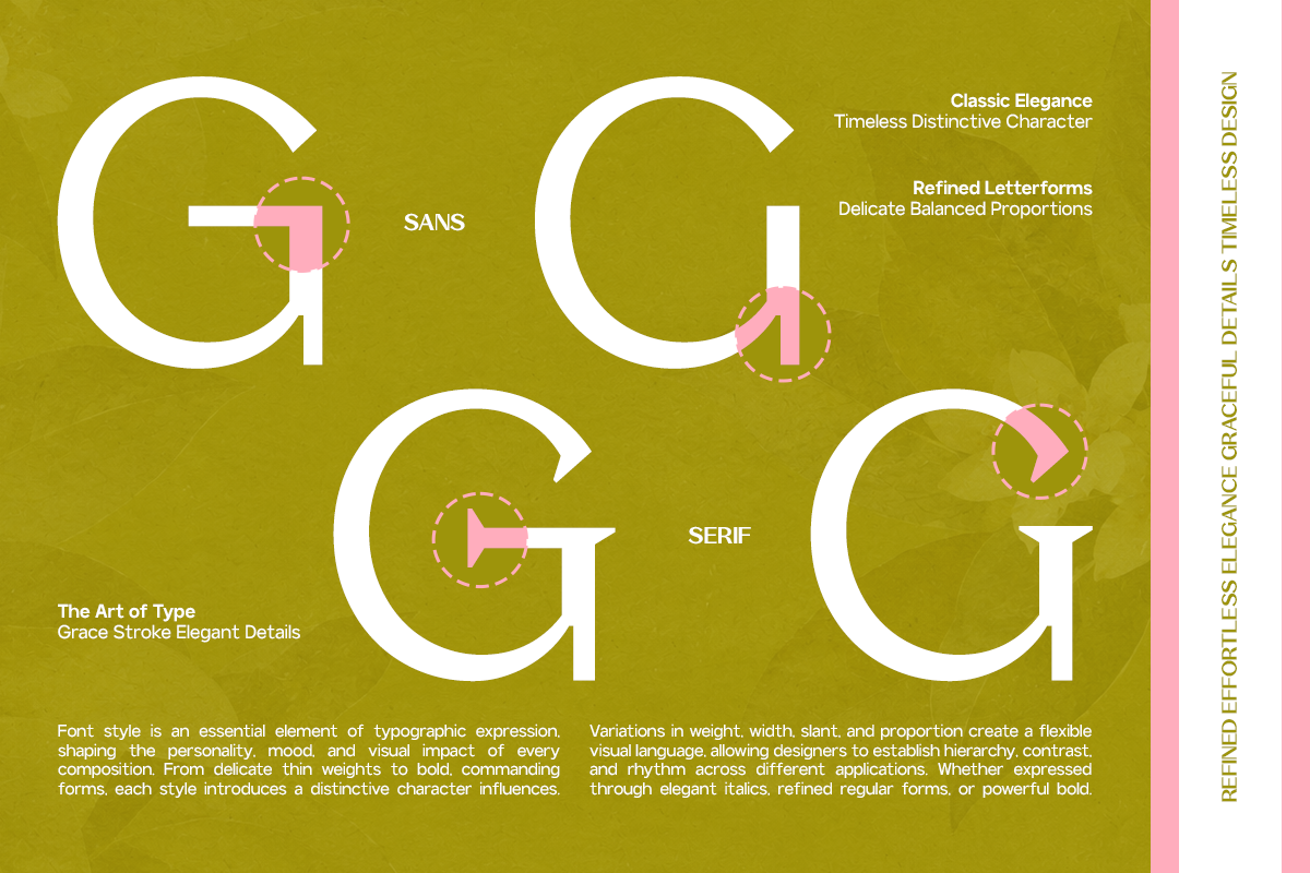 Qi sans serif font family with four weights shown in white on olive background with pink accent details