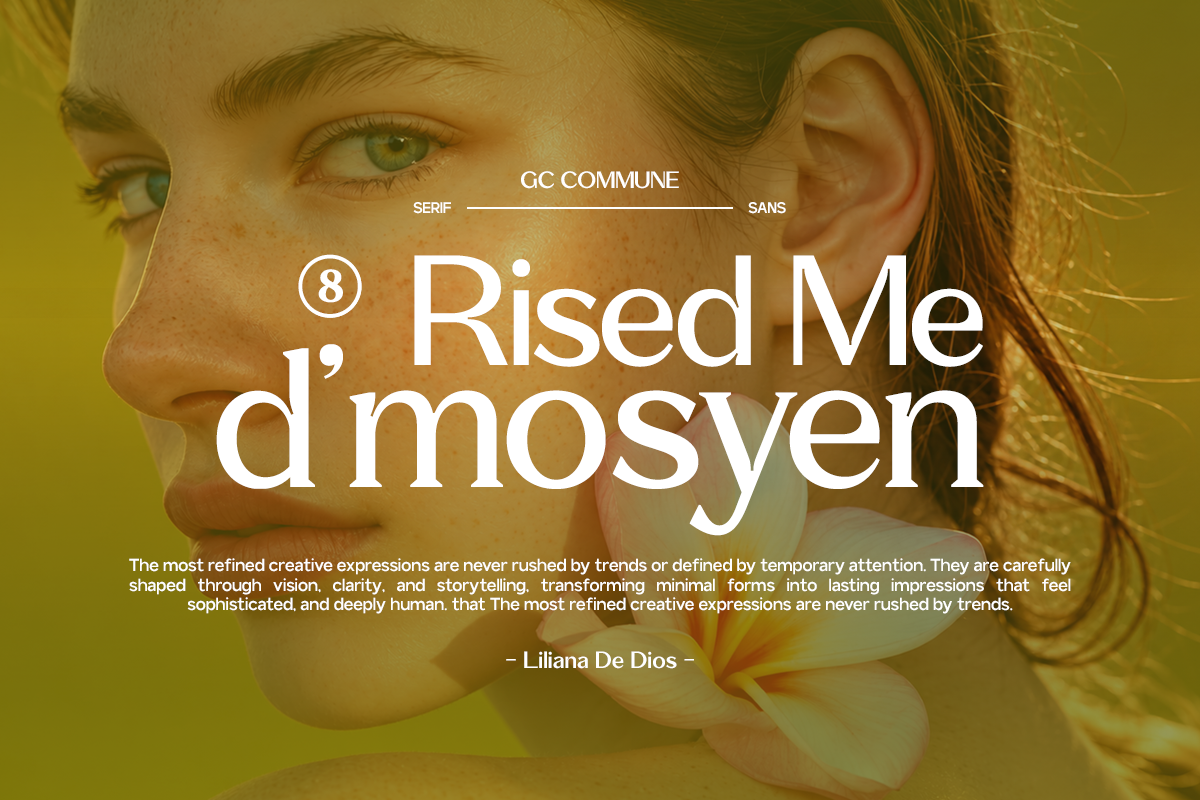 Font pairing mockup showing GC Commune serif with sans serif options over warm yellow portrait