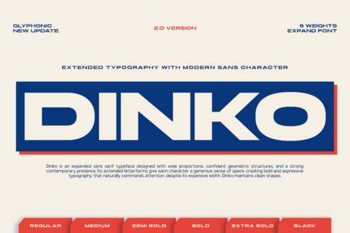 Dinko expanded sans serif font displayed in bold navy with cream letters, showing 6 weights