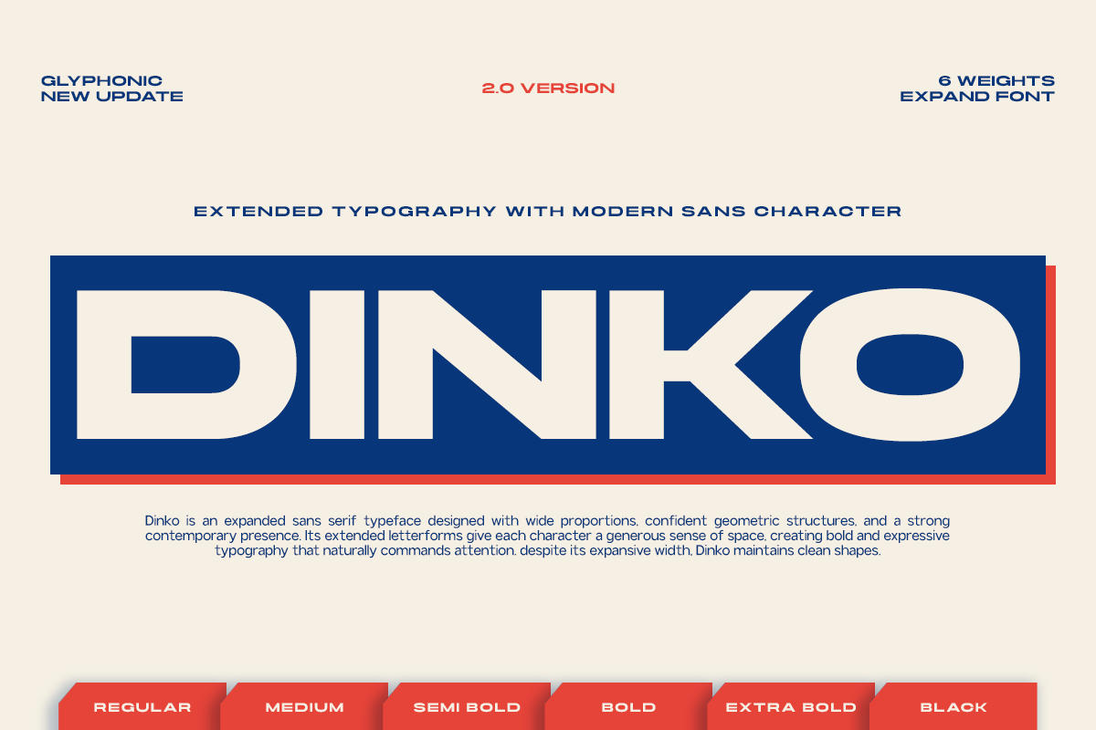 Dinko expanded sans serif font displayed in bold navy with cream letters, showing 6 weights