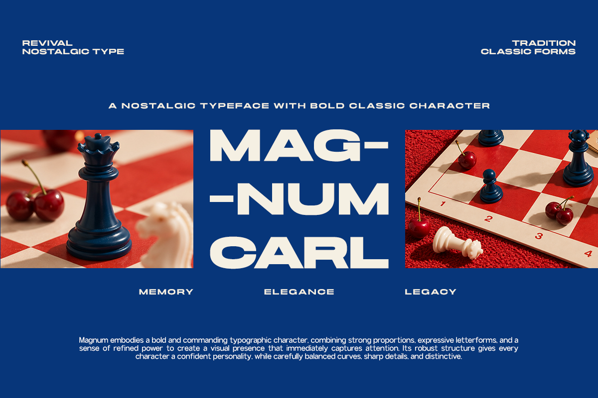 Magnum typeface display with chess pieces, cherries, bold sans serif letters on deep blue background