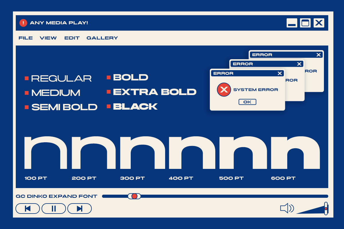 GC Dinko Expand font displayed in retro media player window with weight variations shown