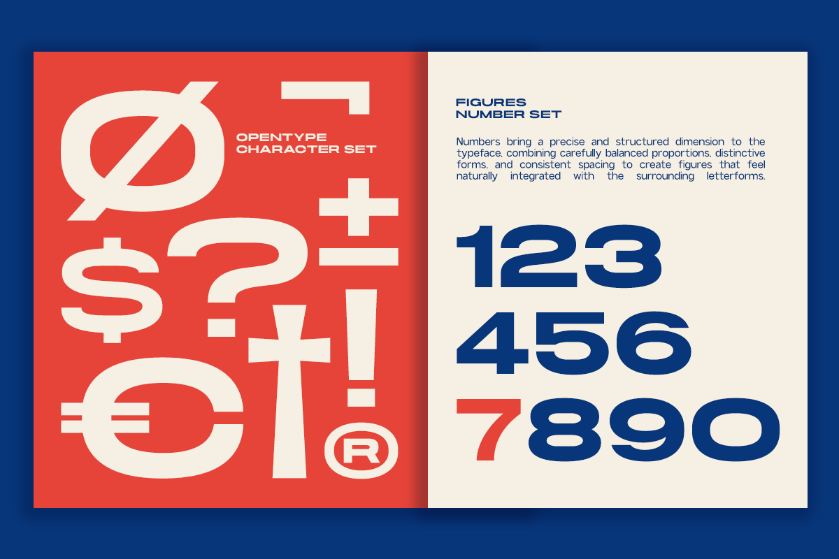 Split-screen mockup showing Figures Number Set font with currency symbols on red side, sample numbers on cream side