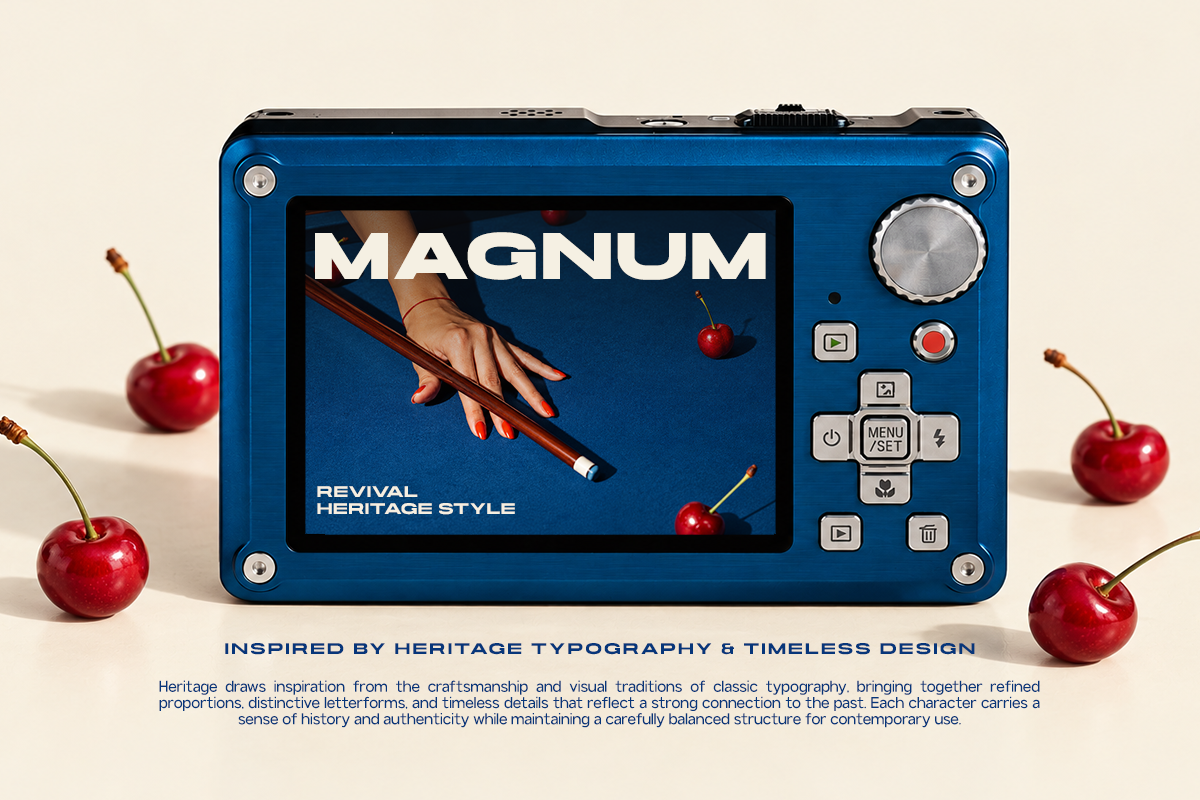 Retro blue camera mockup with MAGNUM branding, cherries scattered around, vintage vibes