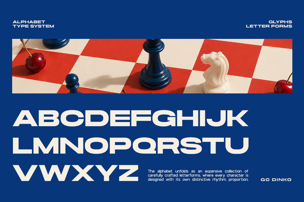 GC Dinko typeface system showing full alphabet with chess piece styling on red board