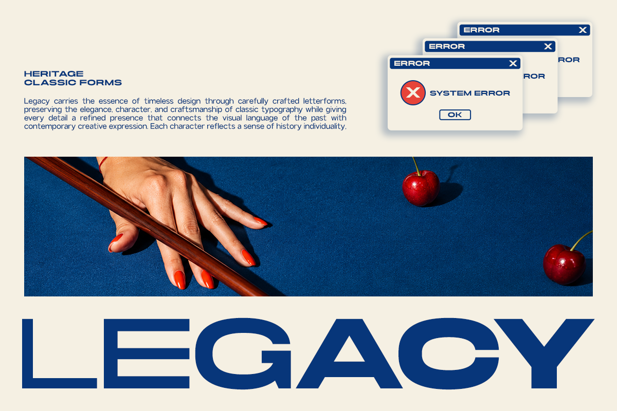 Retro system error dialog boxes layered over vintage aesthetic with red nails, cherries, bold typography