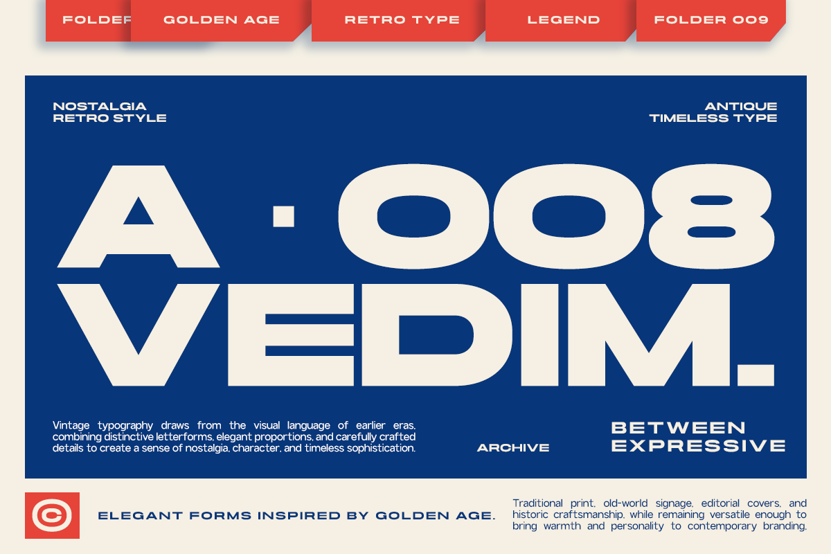Vintage typeface with bold geometric letterforms in cream on deep blue background, retro 70s vibe