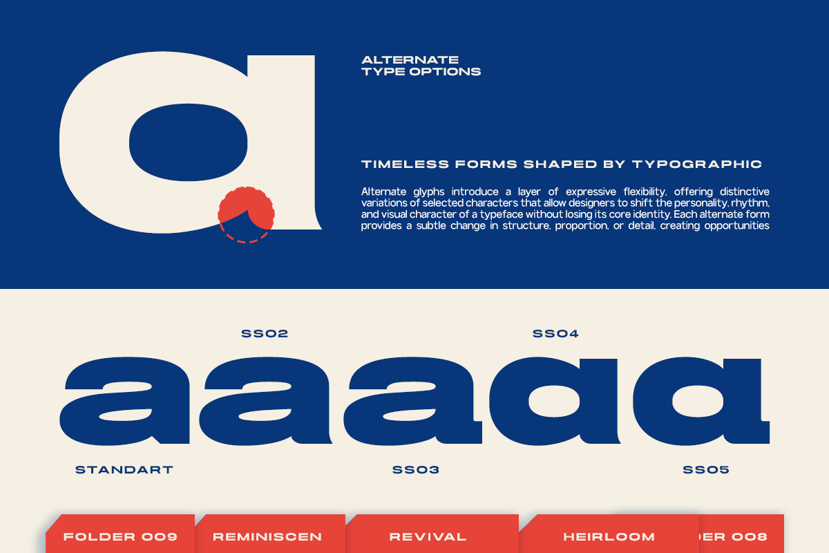 Font alternate glyphs showing stylistic variations of lowercase letterforms in navy blue