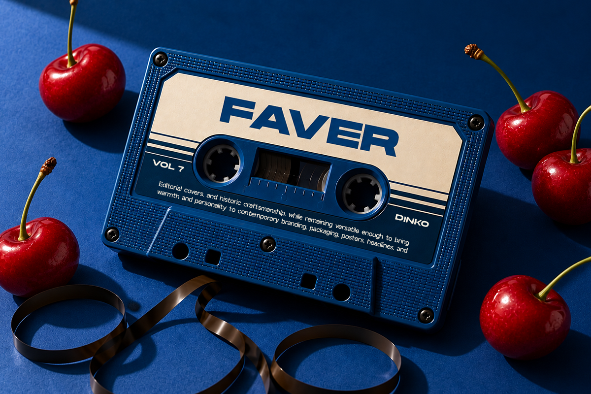 Retro blue cassette tape labeled FAVER surrounded by red cherries on deep blue background