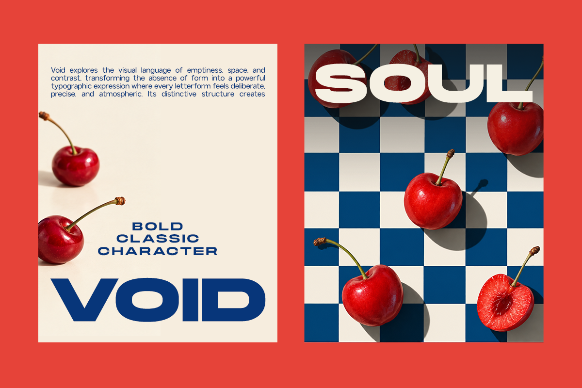 Void typeface shown on cream poster with red apples, plus checkerboard mockup with bold letters