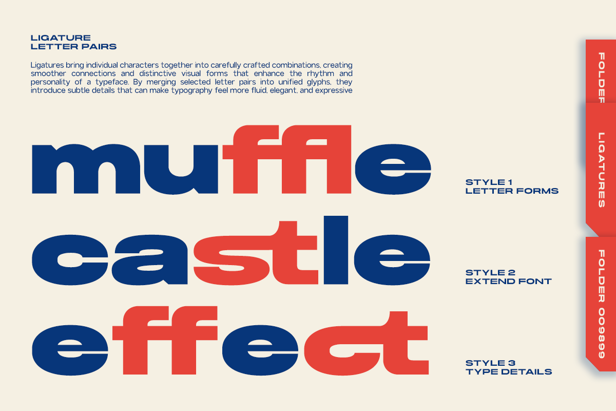Ligature letter pairs showing navy blue, red alternating characters with style variations