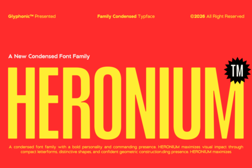 Heronium condensed font family displayed in bold yellow on bright red background
