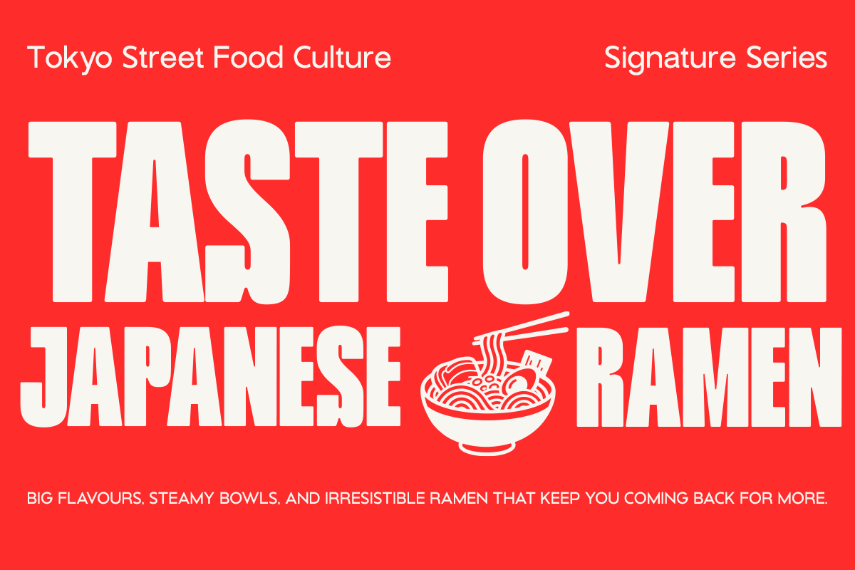Taste Over Japanese Ramen poster with bold white typography on red background