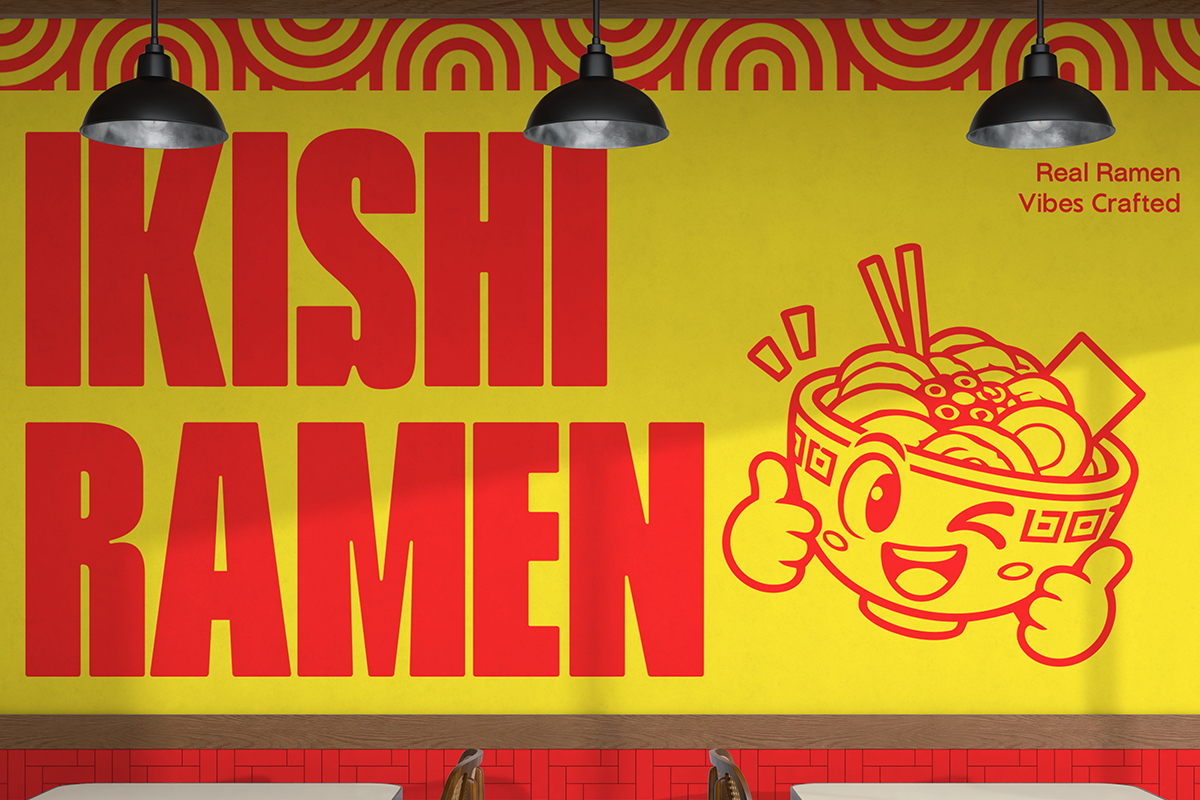 Retro ramen shop sign with bold red letters on yellow wall, hanging black lamps, cheerful mascot character