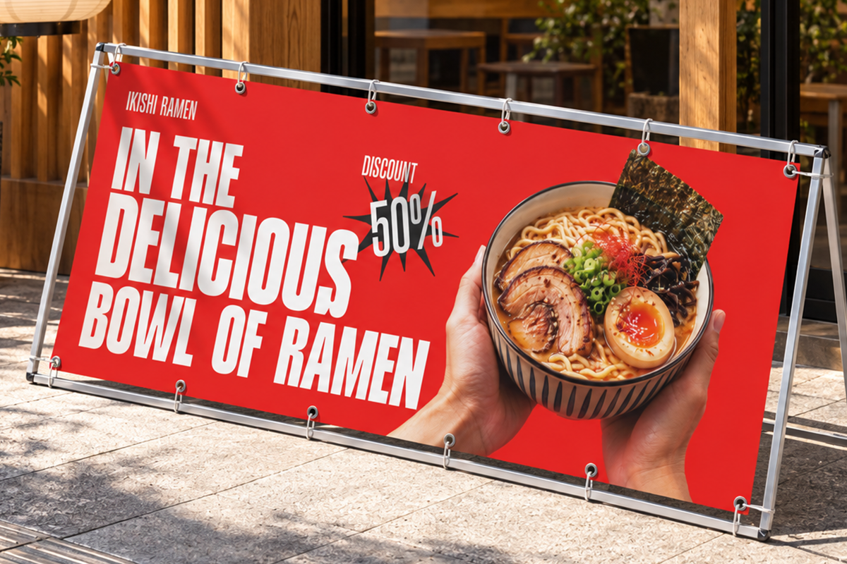 Ramen shop banner mockup with bright red background, bold white typography, hands holding bowl of noodles, 50% discount callout