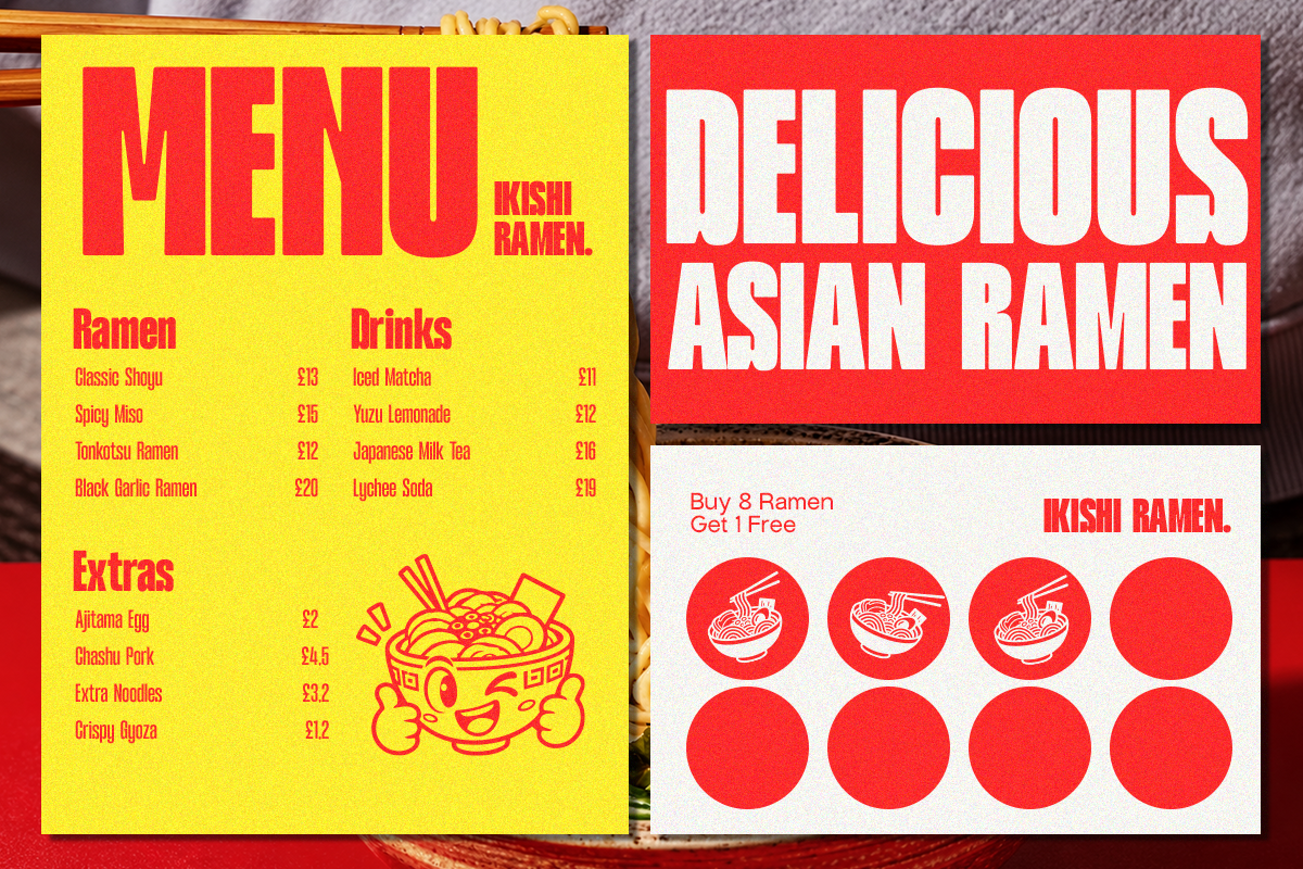 Bright yellow ramen menu with red text next to red loyalty card mockup for Asian noodle shop