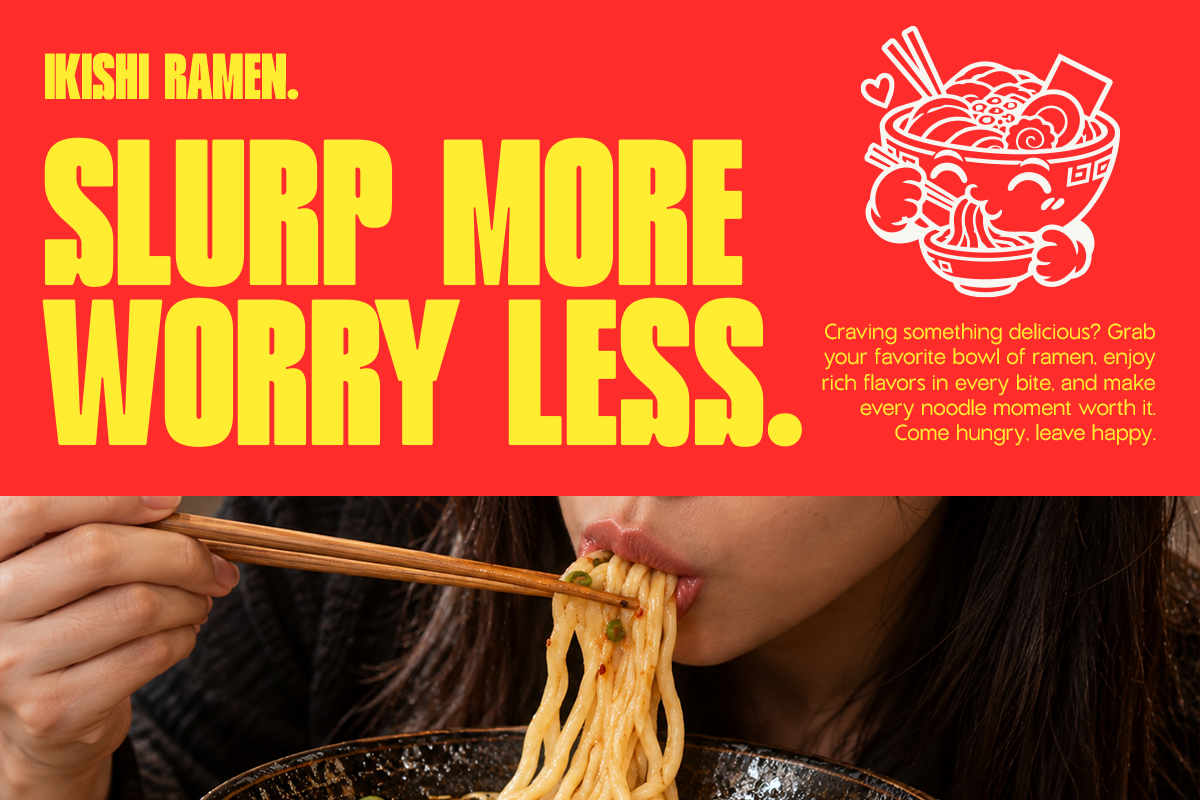 Ramen bowl poster with bold yellow text on red background, person eating noodles with chopsticks
