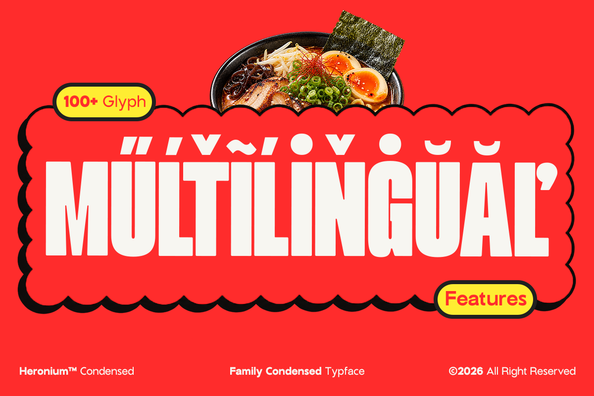 Bold multilingual font with 100+ glyphs, ramen bowl photo, yellow feature badges on red background