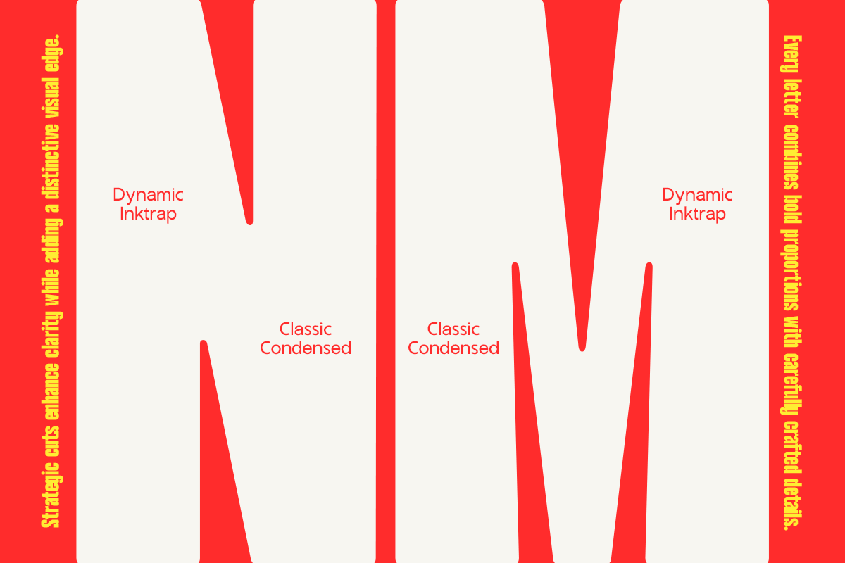 Bold red striped mockup showing Dynamic Inktrap font with Classic Condensed weights displayed