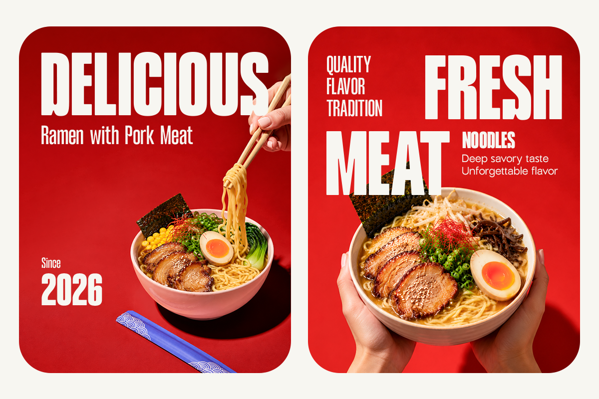 Ramen noodle food poster mockup with pork meat, chopsticks, bright red background