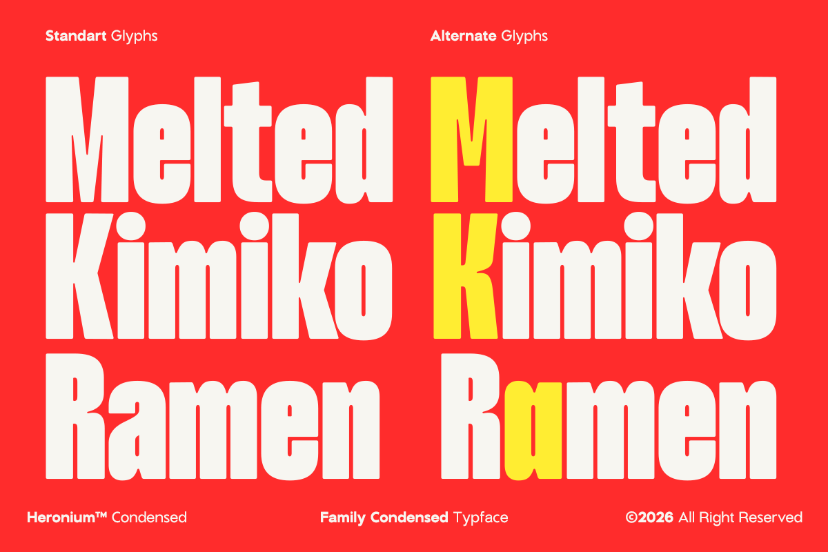 Heronium Condensed font showing standard glyphs in white with yellow alternate character options on bright red background