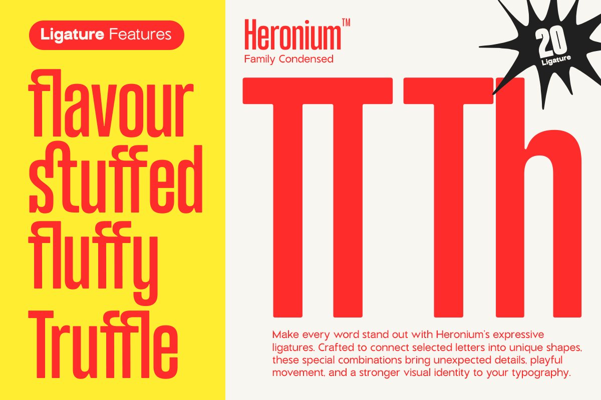 Heronium Family Condensed font with 20 ligatures, bold red letters on cream background, yellow sidebar