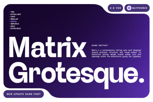 Matrix Grotesque sans serif font with 8 weights on deep purple gradient background
