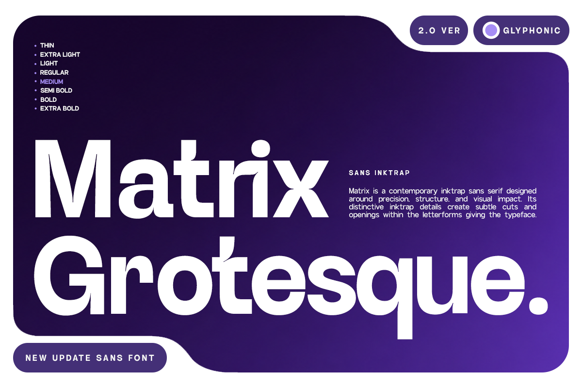 Matrix Grotesque sans serif font with 8 weights on deep purple gradient background