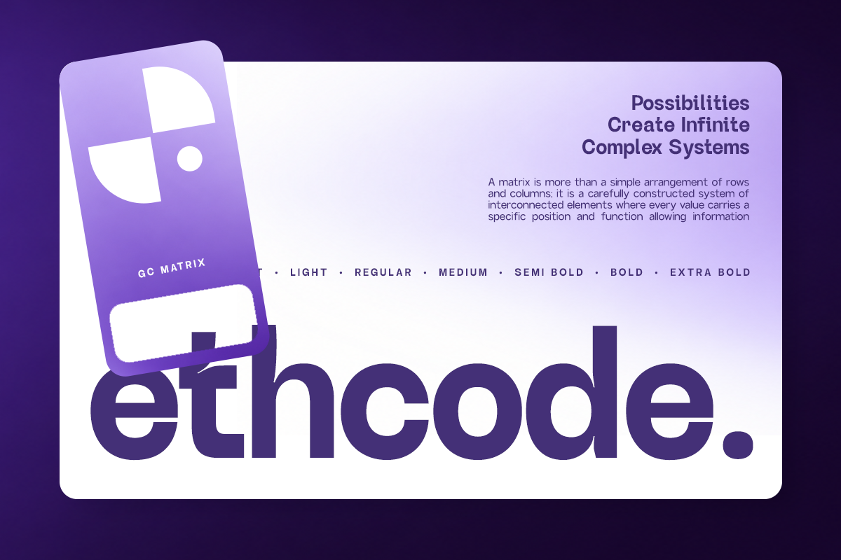 Ethncode font family poster with purple gradient background showing weight options from light to extra bold