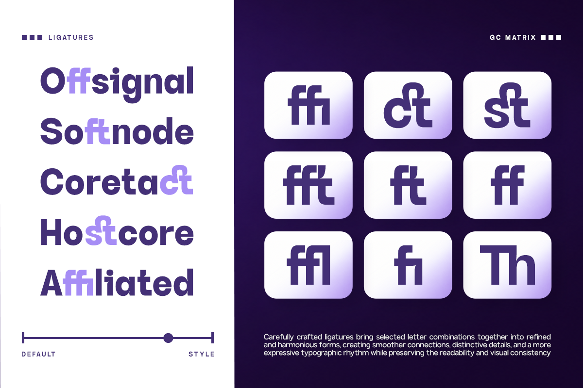 Ligature matrix showing 9 letter pair combinations in rounded white boxes on deep purple background