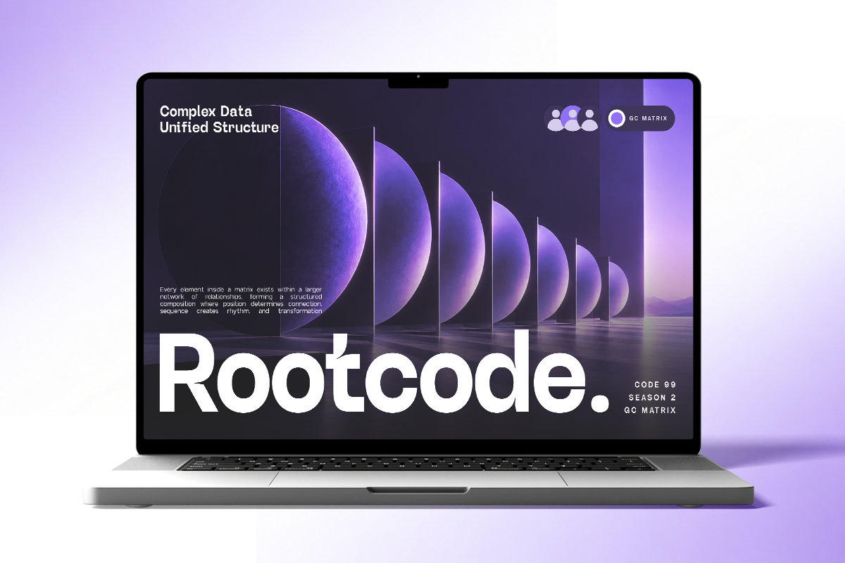 Laptop showing dark purple web design with glowing spheres, bold typography, sci-fi vibes