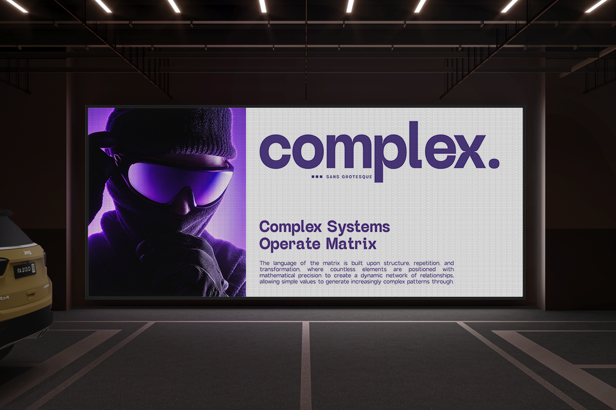 Modern billboard mockup with purple neon lighting, bold sans serif typography, dark figure on left side, tech copy on right