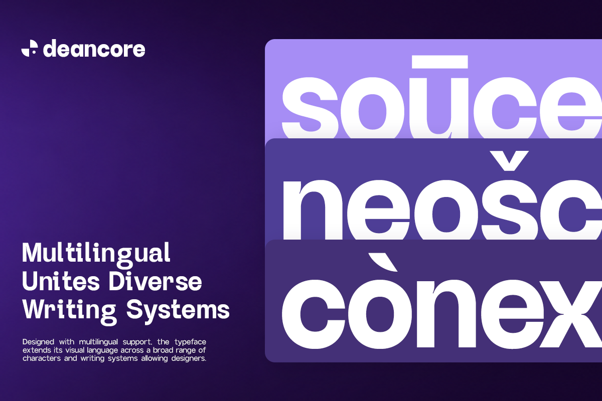 Deancore typeface showcase with bold white letters on purple gradient background