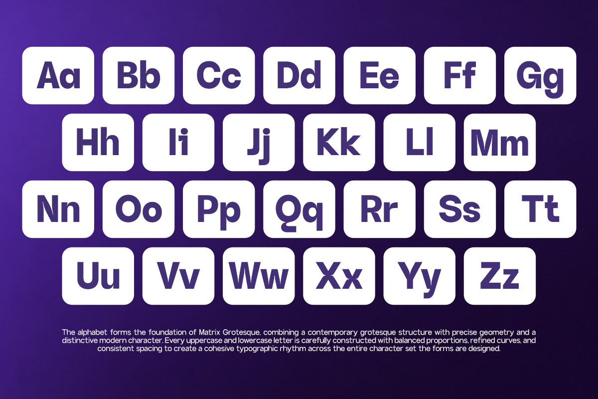 Matrix Grotesque font alphabet display with rounded white cards on deep purple backdrop
