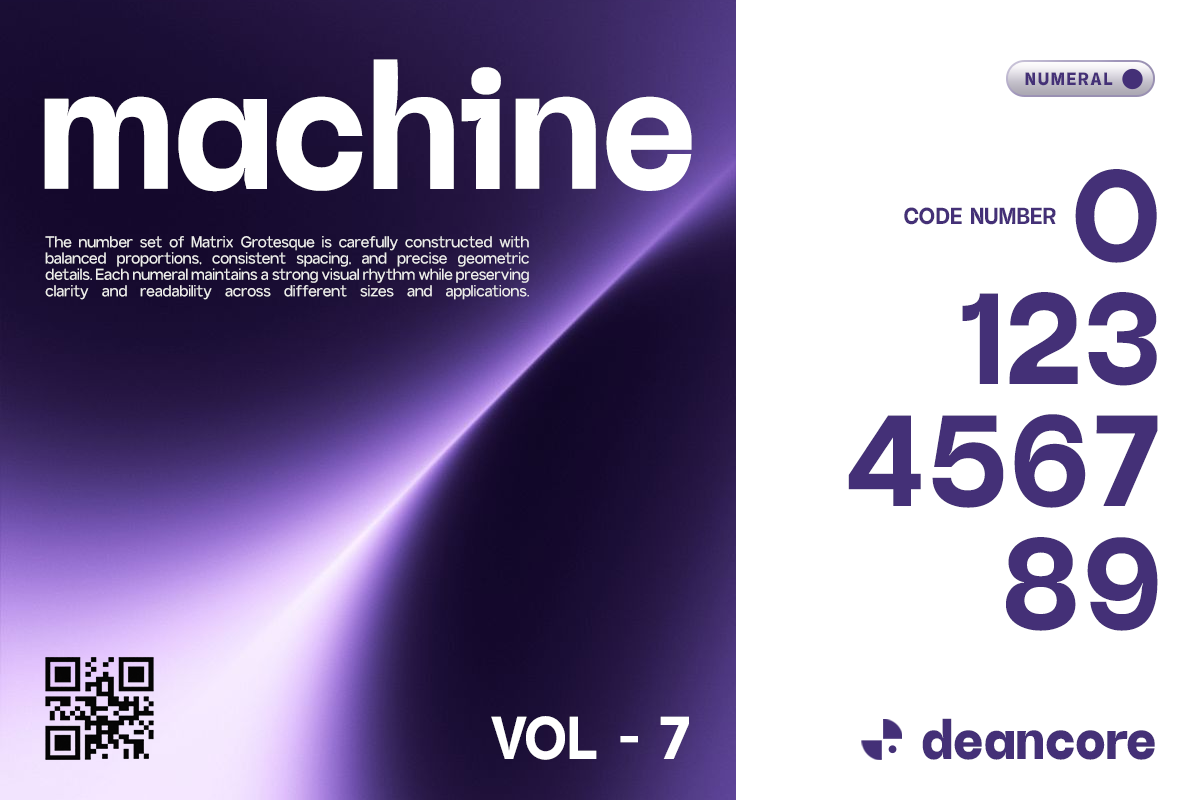 Machine font specimen showing numerals in deep purple on gradient background vol 7
