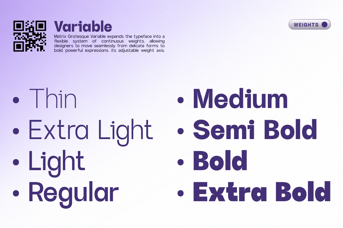 Matrix Grotesque Variable font showing weight range from thin to extra bold on lavender background
