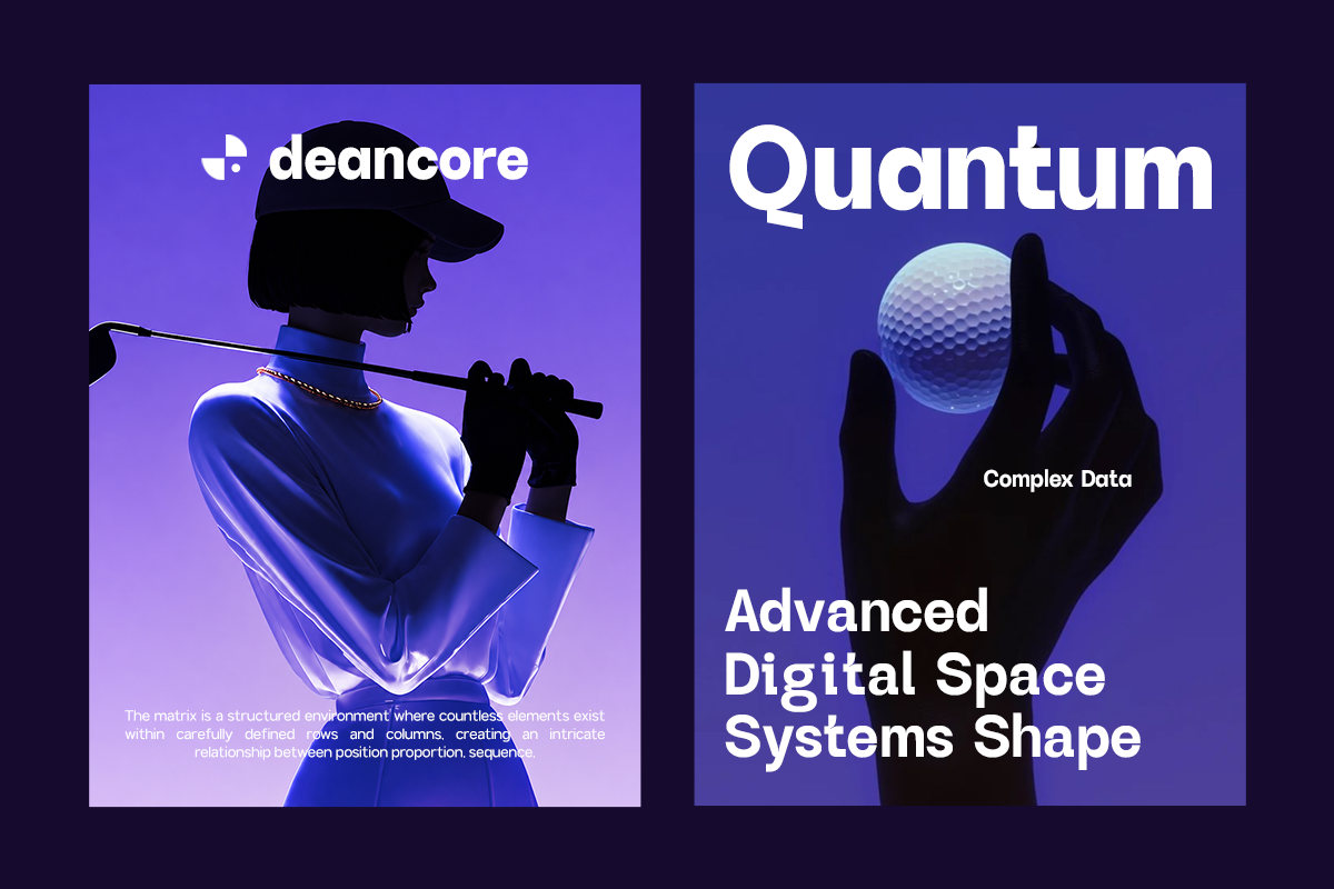Silhouette figure in blue holding golf club on purple gradient next to quantum sphere poster