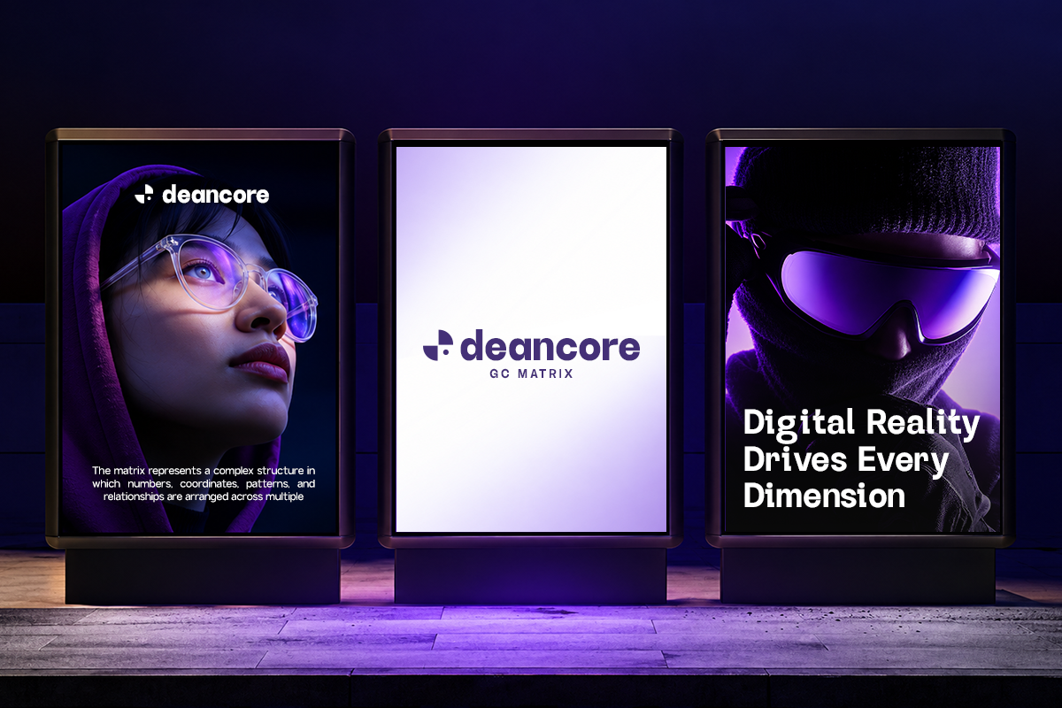 Three illuminated billboard mockups showing tech brand designs with purple neon lighting