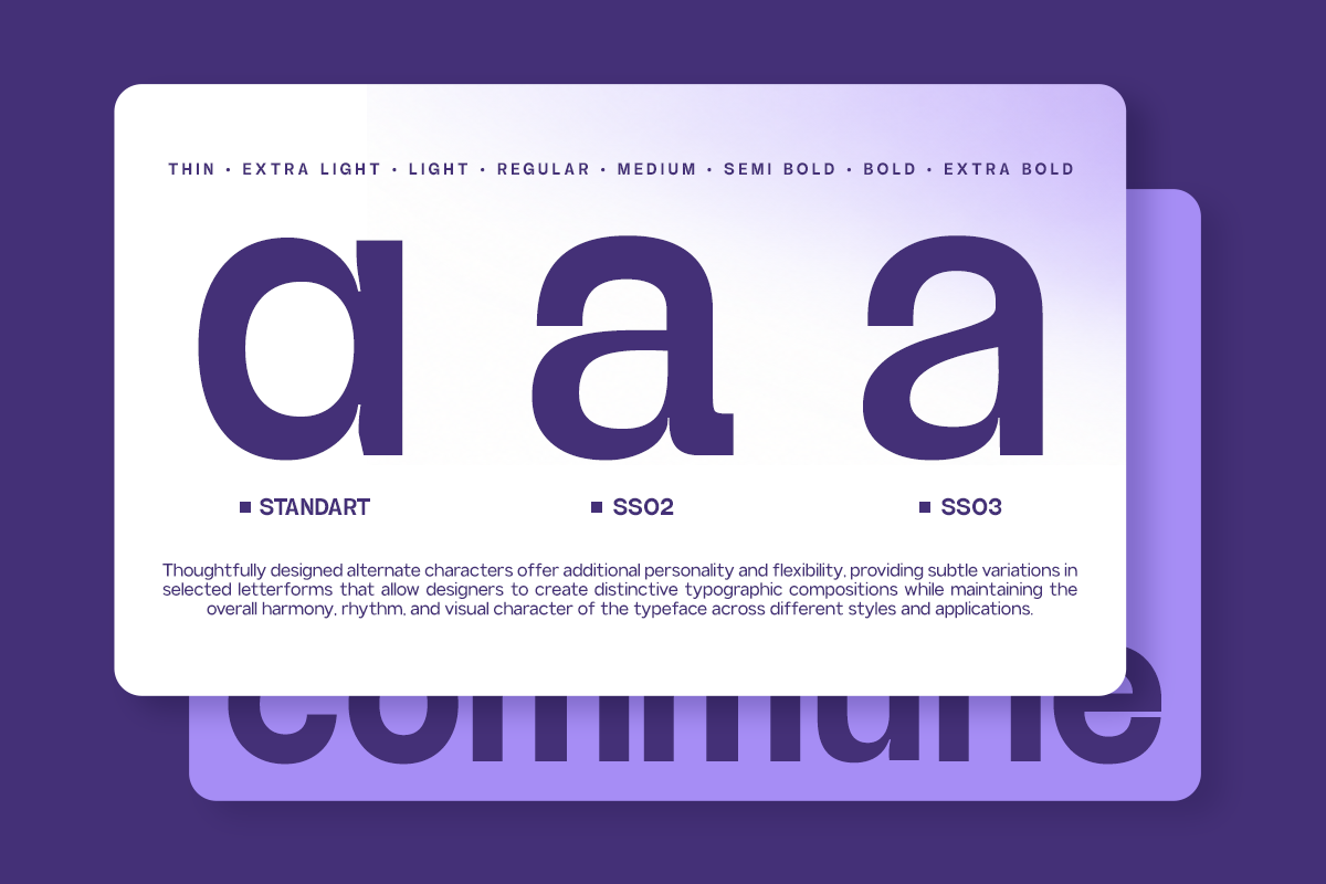 Font weight variations showing thin through extra bold with alternate character sets for typographic flexibility