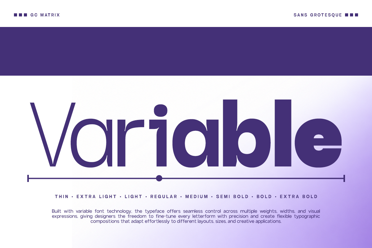 Variable font showing multiple weights from thin to extra bold on purple gradient background
