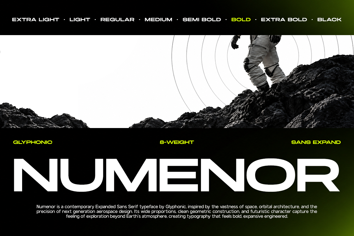 Numenor typeface showcase with astronaut on rocky terrain, bold sans serif font in multiple weights displayed