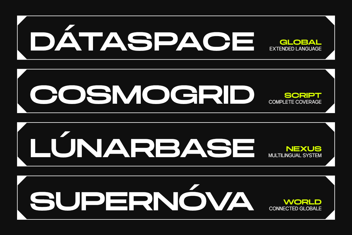 Four bold sci-fi font names stacked on black with neon yellow specs
