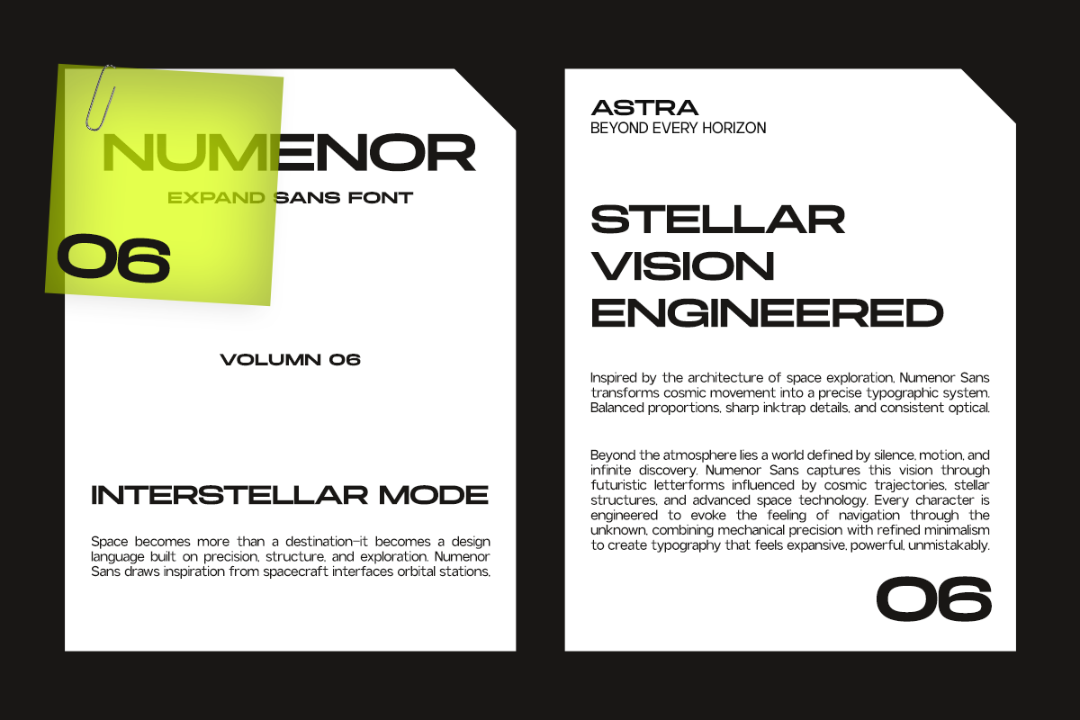 Numenor Sans font specimen showing Volume 06 with space-inspired typography layouts