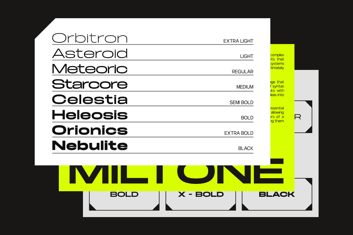 Milton typeface showing 9 weights from extra light to black with neon accent